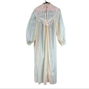 Vintage Seersucker Robe M Rainbow Pastel Floral Prairie Puff Sleeve